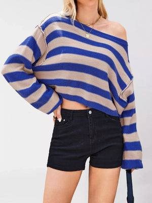 royal blue pullover sweater with striped and off-shoulder
