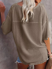 Waffle knit relaxed v-neck t-shirt in Khaki Color with short sleeves.