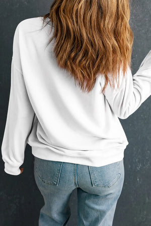 White graphic sweatshirt, 50% cotton, 50% polyester, casual autumn wear