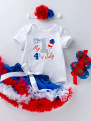 Baby patriotic outfit with "My 1st 4th of July" print, tutu, and headband.