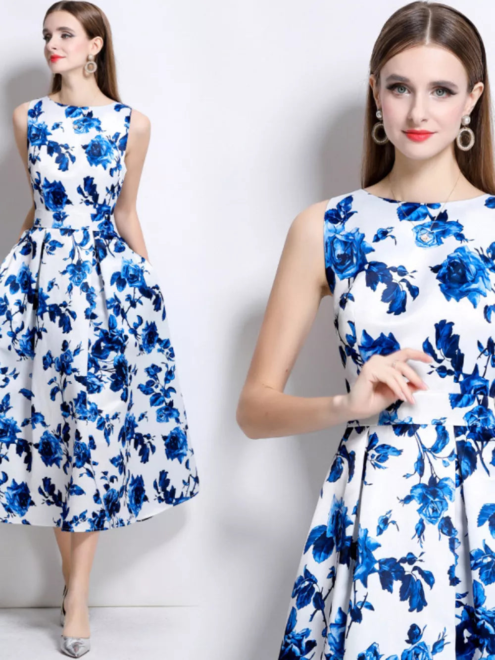 Blue floral print midi dress with a-line skirt and round neckline.