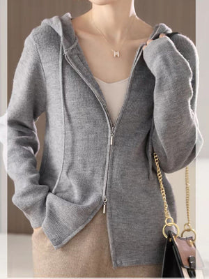 Gray ribbed knit zip-through hoodie with pockets and drawstring hood.