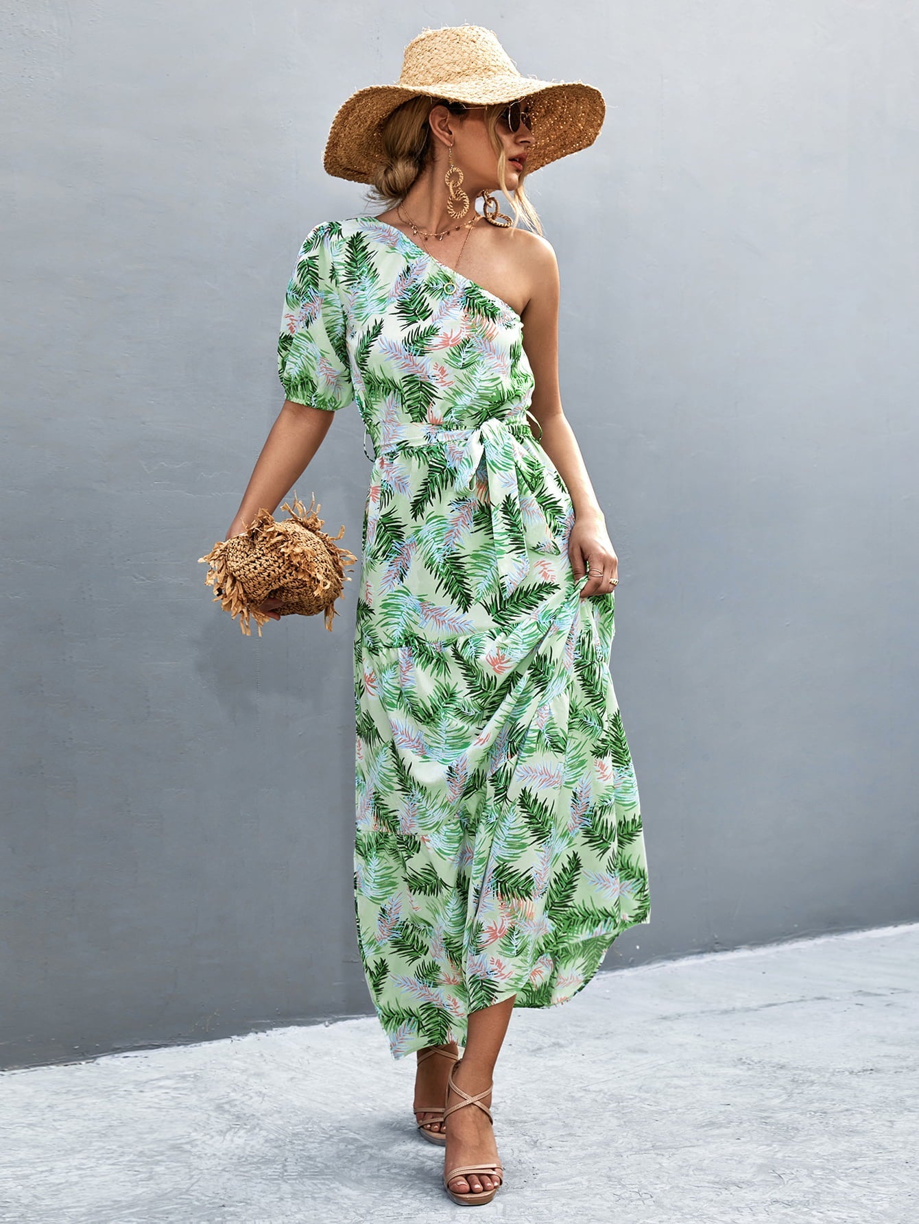 Light green tropical print one-shoulder maxi dress with balloon sleeves and a tie waist.