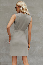 Belted knit tank dress in gray with a cinched waist and A-line skirt.