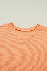Sherbet waffle knit V-neck t-shirt with textured fabric detail