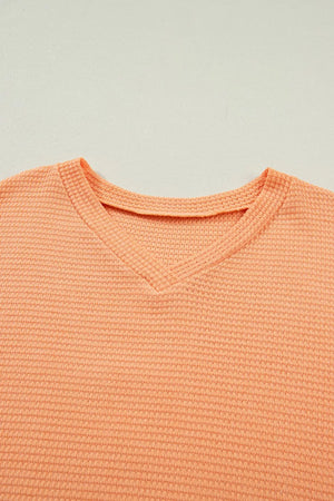 Sherbet waffle knit V-neck t-shirt with textured fabric detail