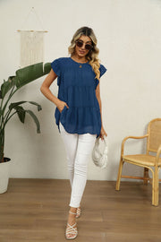 Peacock Blue Swiss Dot Flutter Sleeve Blouse with tiered ruffles and pockets