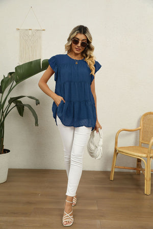 Peacock Blue Swiss Dot Flutter Sleeve Blouse with tiered ruffles and pockets