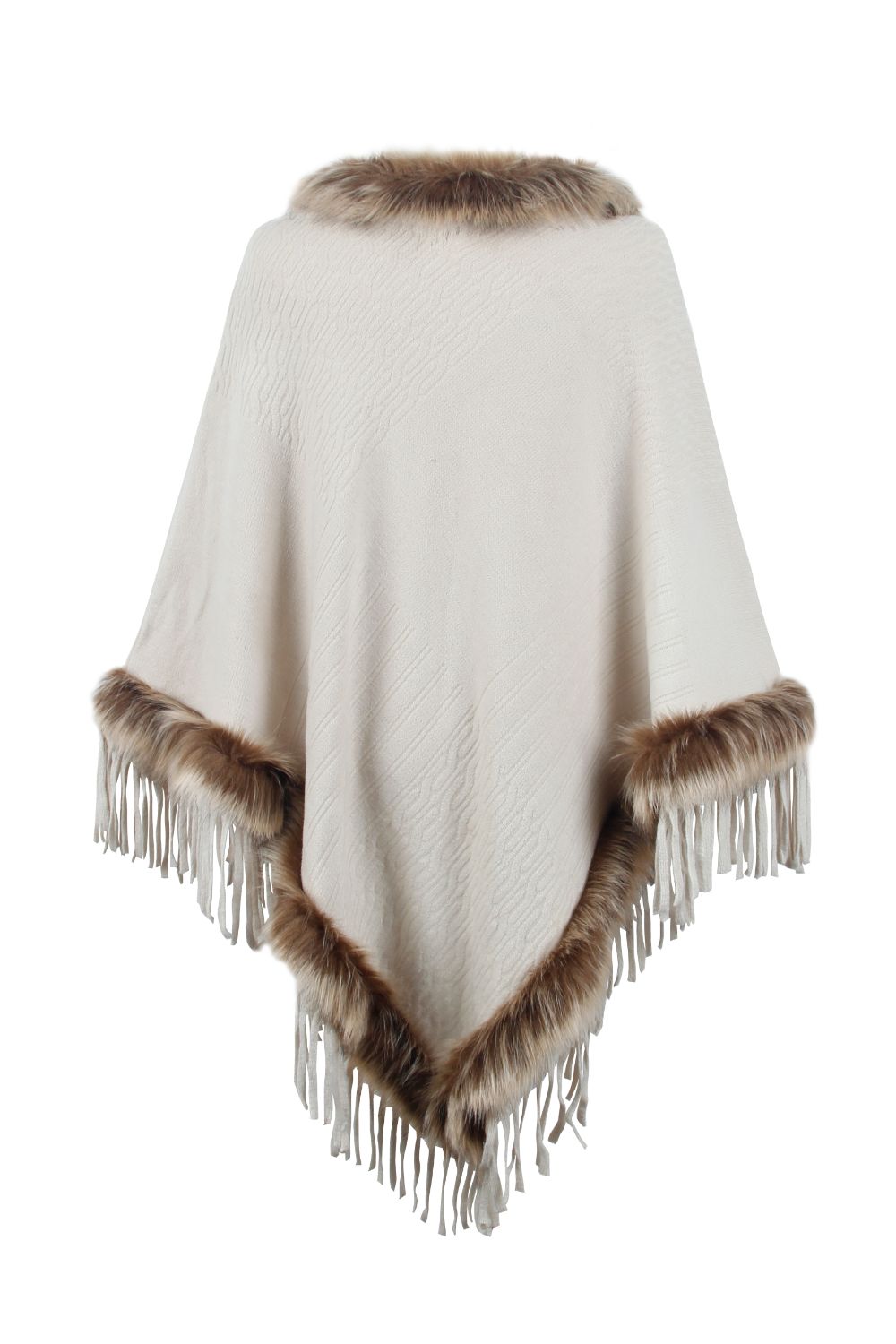 Ivory textured knit poncho with faux fur trim and fringe details.