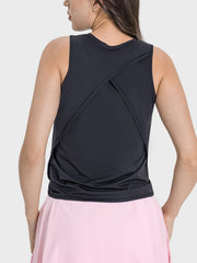 Black performance tank top with crisscross back detail
