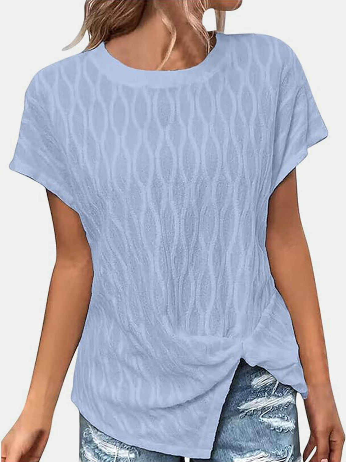 Light blue textured tee with knot-front detail and asymmetric hem