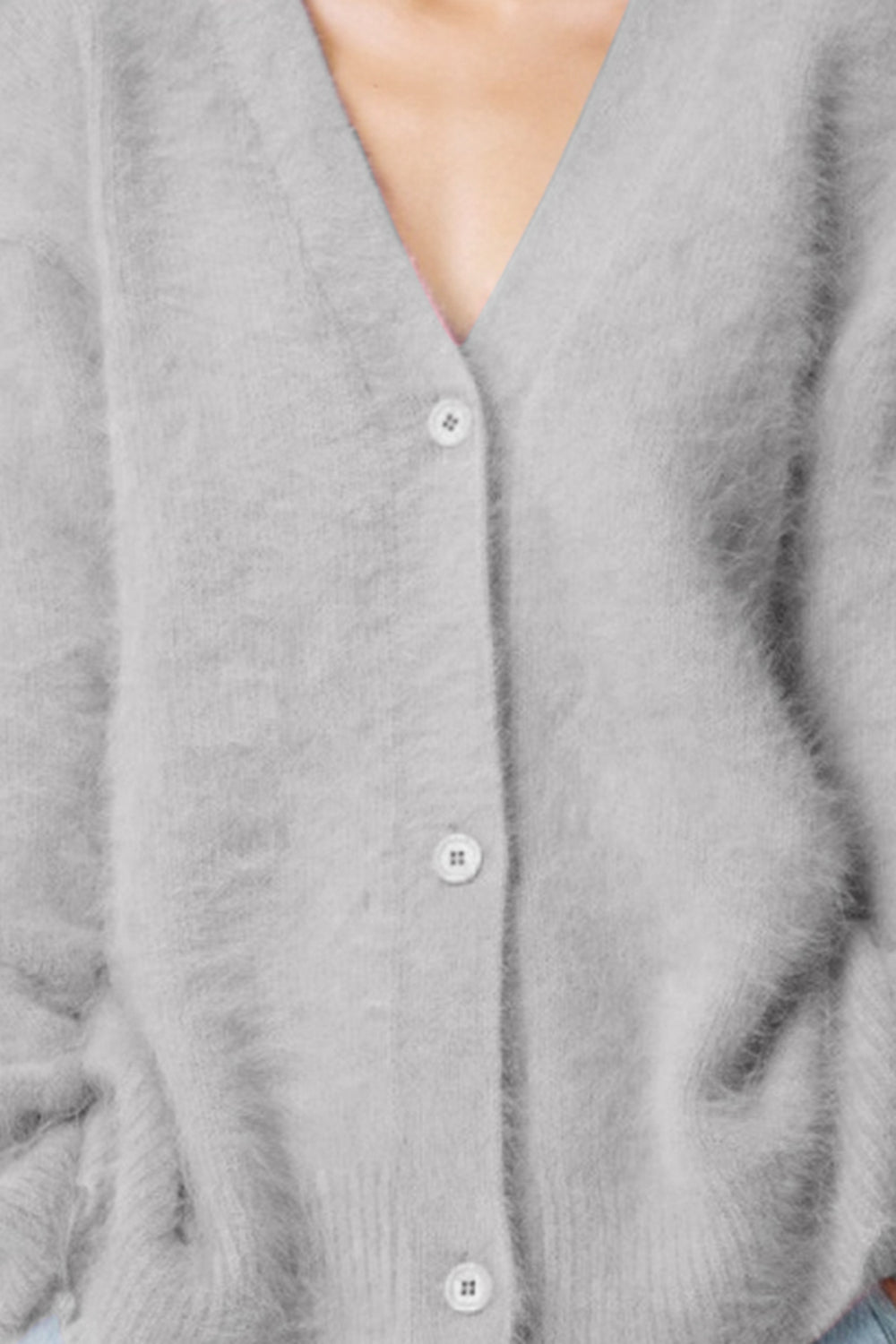 Light Gray fluffy angora V-neck cardigan with buttons
