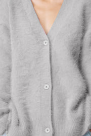 Light Gray fluffy angora V-neck cardigan with buttons
