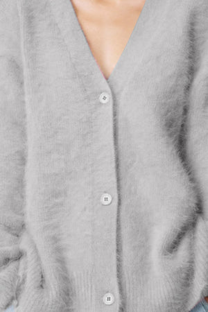 Light Gray fluffy angora V-neck cardigan with buttons
