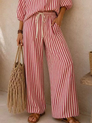 Striped Puff Sleeve Shirt And Wide-leg Pants Set in Khaki, product detail