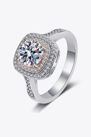 Silver ring with halo moissanite and pink diamond accents