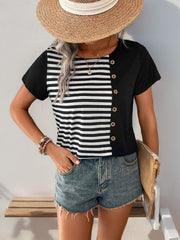 Black and white striped button-down tee with short sleeves and a round neck.