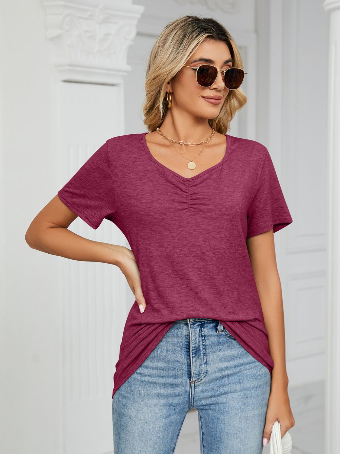 Ruched V-neck jersey t-shirt in deep purple with short sleeves.