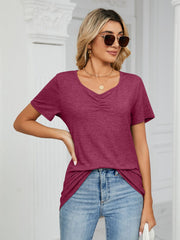 Ruched V-neck jersey t-shirt in deep purple with short sleeves.