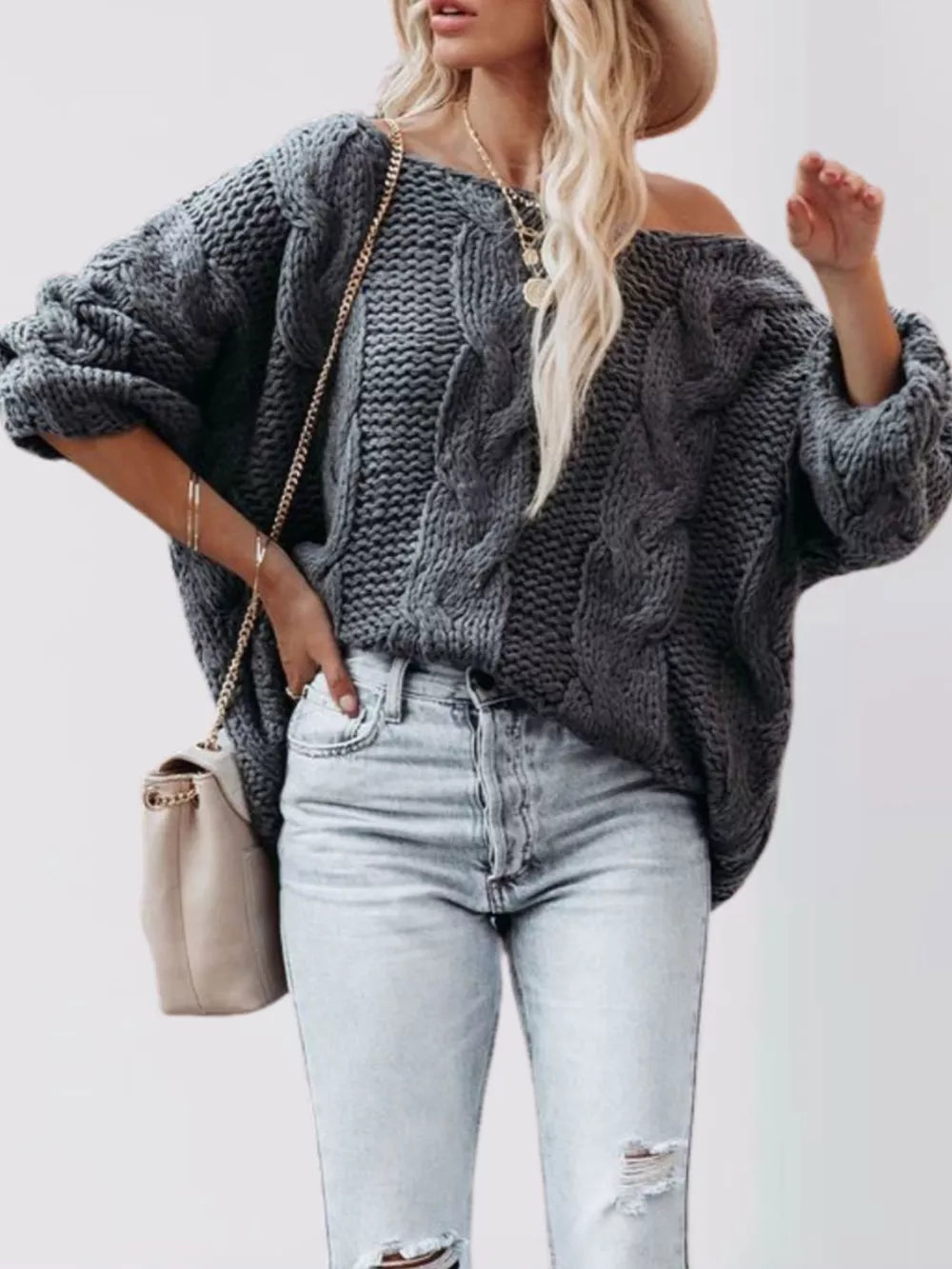 cream pullover sweater with cable-knit and long sleeve