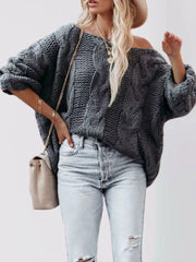 cream pullover sweater with cable-knit and long sleeve