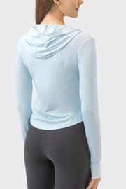 Light blue active hoodie with thumbholes and a draped hood, shown from the back.