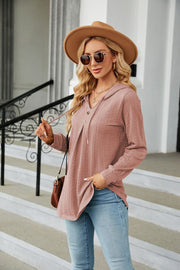 Textured henley hooded tunic in Dusty Pink with button detail and drawstring.