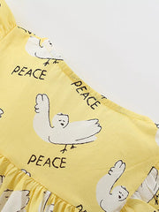 Yellow cotton blend toddler dress with dove print and ruffle sleeves.
