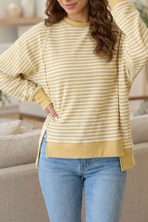 Stripe Textured Knit Color Block Long Sleeve Top in Blush Pink, front view