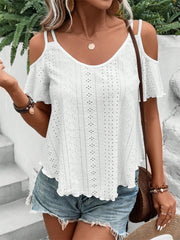 White eyelet cold shoulder blouse with scalloped hem and short flutter sleeves.