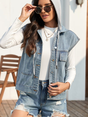 Light blue hooded denim vest with button front and drawstring hood.
