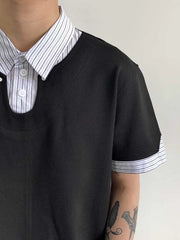 Black layered polo shirt with striped collar and cuffs, cotton blend.
