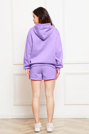 Lavender hooded loungewear shorts set with drawstring waist and cuffed hem shorts.