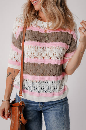 Striped openwork knit top with pink, taupe, and white stripes.