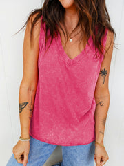 Textured cotton v-neck tank top in bright pink with a washed effect