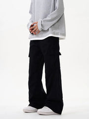 Black cargo pants with versatile pockets and a drawstring waist.