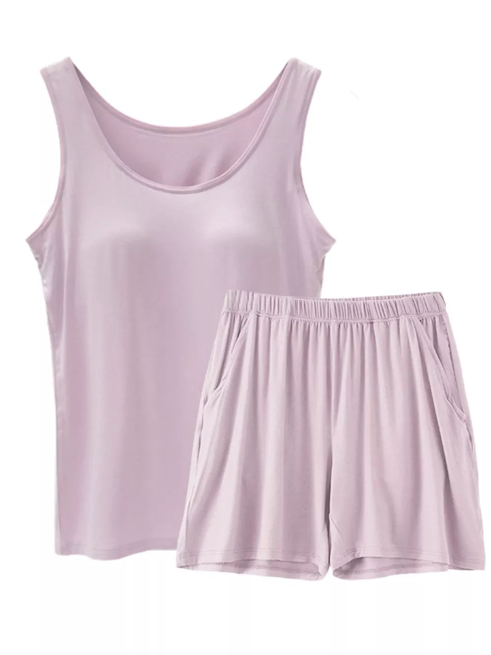 Relaxed padded tank and shorts set in Bean Paste Powder with rounded neckline and elastic waist shorts with pockets.
