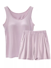 Relaxed padded tank and shorts set in Bean Paste Powder with rounded neckline and elastic waist shorts with pockets.