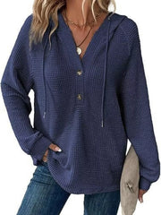 Full Size Waffle Knit Half-button Hoodie Plus Size in Black, fit detail
