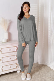Gray knit loungewear set with V-neck long sleeve top and leggings