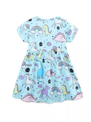 Light blue toddler dress with dinosaur and unicorn print, short sleeves, round neck.