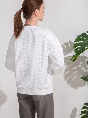 Textured Knit Crewneck Sweatshirt in White, side view