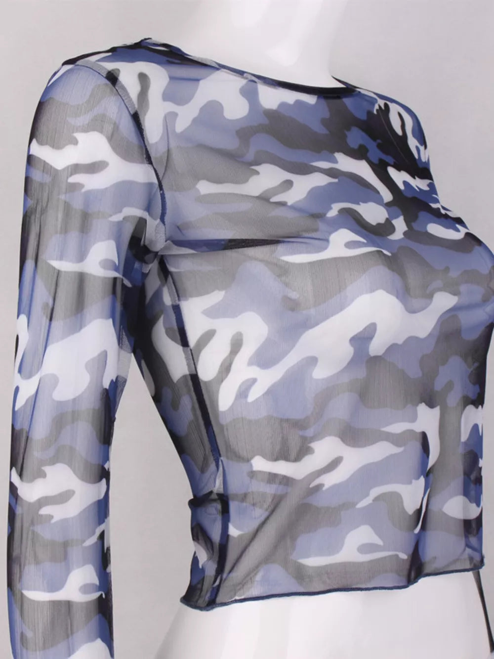 Sheer camouflage long sleeve tee in blue with a crew neck and cropped hem.