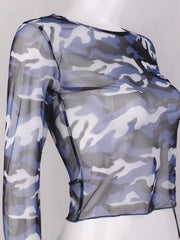 Sheer camouflage long sleeve tee in blue with a crew neck and cropped hem.
