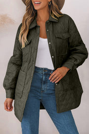 Army green quilted utility jacket with button front and chest pockets