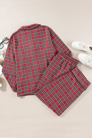 Crimson plaid pajama set with relaxed fit shirt and pants.