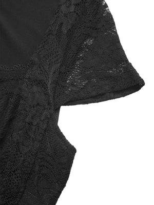 Black lace bodysuit with sweetheart neckline and cap sleeves