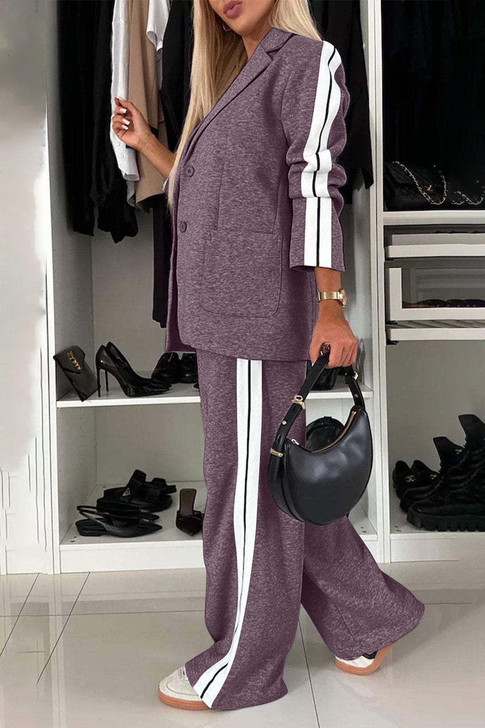 Mauve track stripe blazer and trouser set with white side stripes.