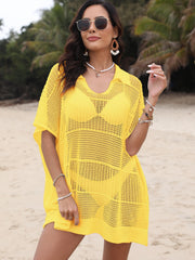 Yellow open-knit polo beach dress with short sleeves and v-neck, worn over a bikini.