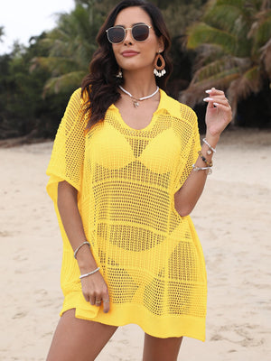 Yellow open-knit polo beach dress with short sleeves and v-neck, worn over a bikini.